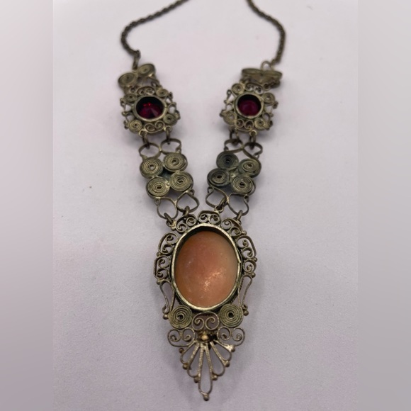 Antique Early 1900s Carved Shell Cameo Filigree Necklace & Bracelet Set - Picture 8 of 16